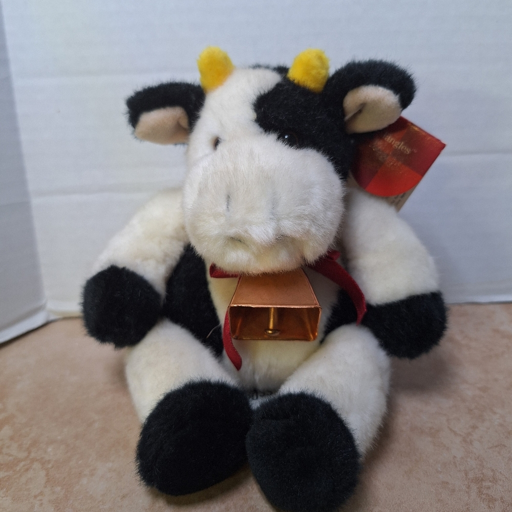 Vintage 90s Russ Berrie Jangles the Cow Plush Wears Working Bell Black White 5"
